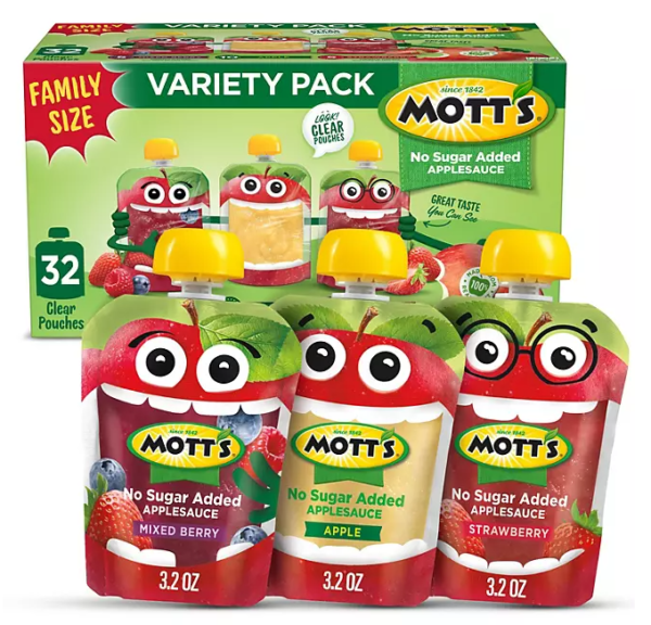 Mott's Apple Sauce No Sugar Added Variety Pack, 3.2 oz., 32 pk.